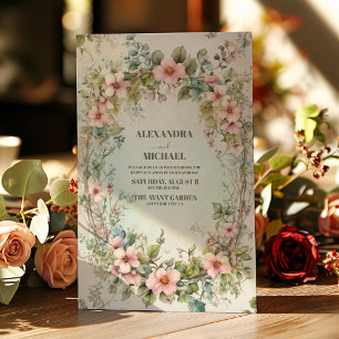 Olivgrüne rosa Blumenkunst im Jugendstil Hochzeit  Einladung