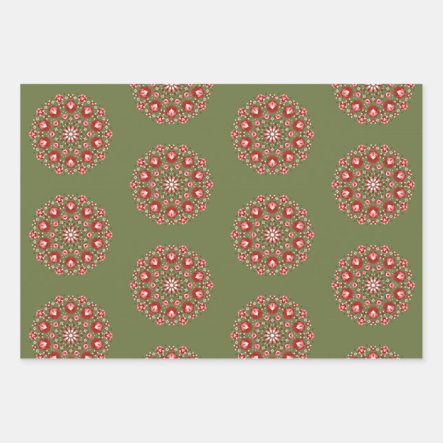 Olivgrüne Rosemaling  Geschenkpapier Set (Vorderseite)