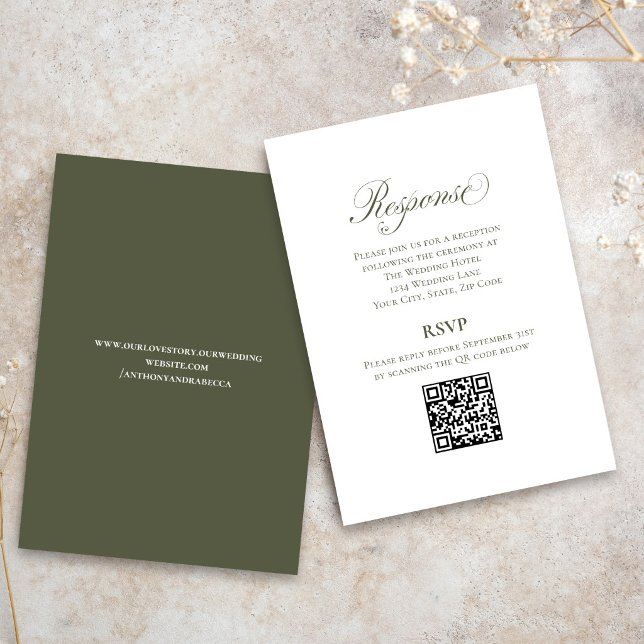 Olivgrüne Schrift Hochzeit RSVP QR-Code Karte (Elegant olive green wedding RSVP card with script font and modern QR code response)