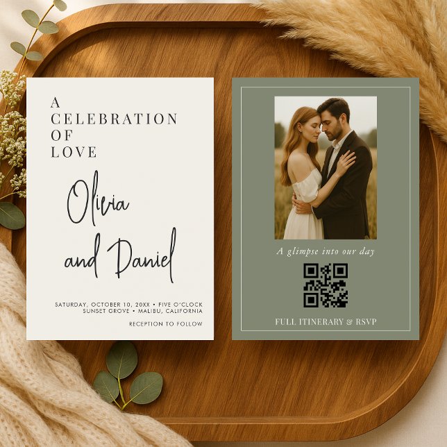Olivgrüne Schriftfoto-QR-Code-Hochzeit Einladung (Von Creator hochgeladen)