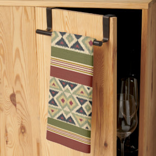 Olivgrüne Senf-Ocker-Gelbe Stammes-Ikat-Kunst Geschirrtuch