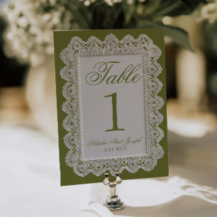 Olivgrüne Spitzen-Hochzeitstisch-Nummer im Old-Mon Einladung