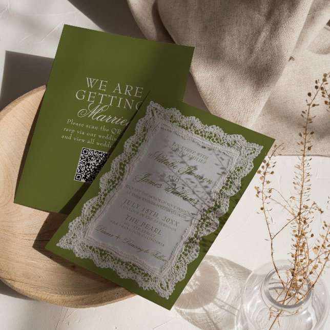 Olivgrüne Spitzen-Old-Money-Doily-QR-Code-Hochzeit Einladung (Von Creator hochgeladen)