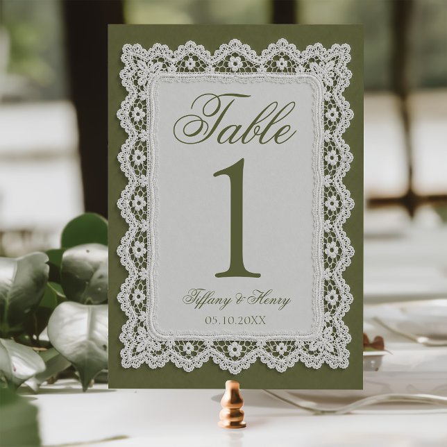 Olivgrüne Spitzenuntersetzer Hochzeit Tischnummer (Von Creator hochgeladen)