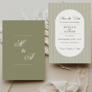 Olivgrüne Streifen Kalligrafie Schrift Hochzeit Save The Date