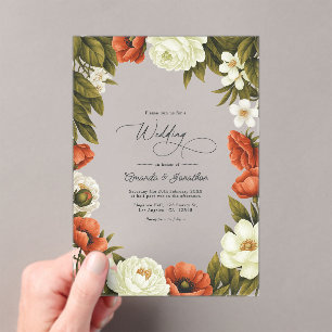 Olivgrüne Terrakotta- & Soft Ivory-Blumenhochzeit Acryleinladungen