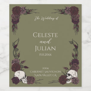 Olivgrüne Totenköpfe und Rosen Gothic-Hochzeit Weinetikett