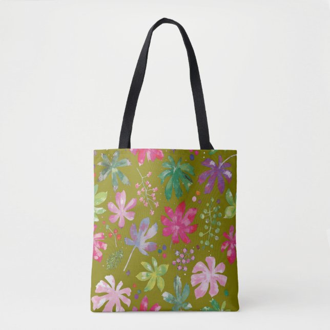 Olivgrüne tropische Blumenmuster-Tasche (Vorderseite)