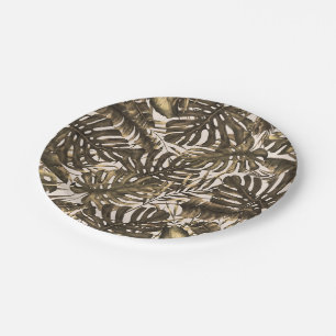 Olivgrüne und cremefarbene tropische Palmenblätter Pappteller