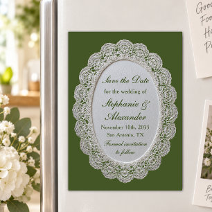 Olivgrüne Vintage-Spitze-Hochzeit Save the Date Magneteinladung