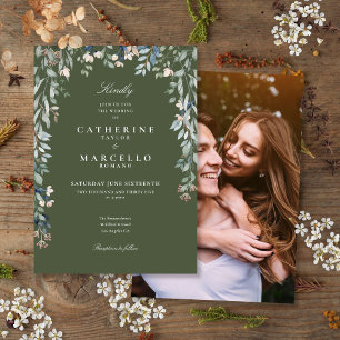 Olivgrüne Wildblumen Florale Foto-Hochzeit Einladung