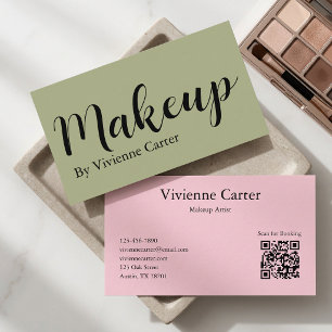 Olivgrüner Pinker Skript-Makeup-Salon QR-Code Visitenkarte
