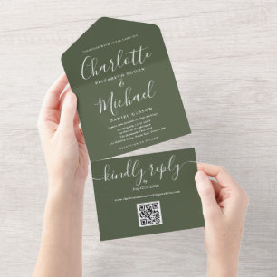 Olivgrüner QR-Code Minimalistische Hochzeit All In One Einladung