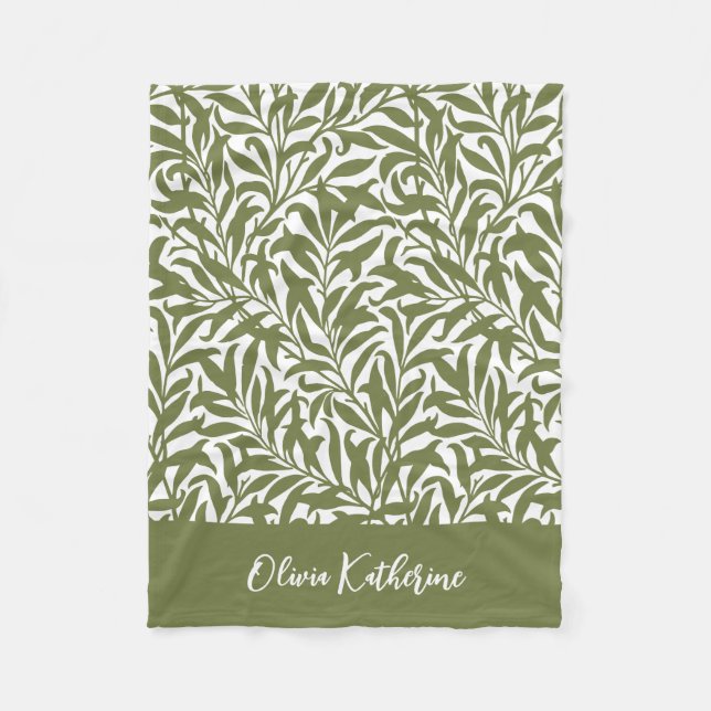 Olivgrüner Weidenzweig mit Monogramm Fleecedecke (Vorderseite)