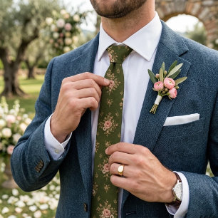 Olivgrünes Blush-Rosen-Chintz-Blumenmuster Krawatte