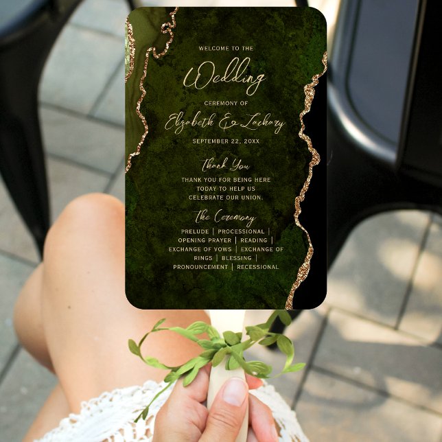 Olivgrünes Gold-Achat-Skript-Hochzeitsprogramm Fächer (Von Creator hochgeladen)