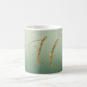 Olivgrünes Gold-Glitter-Buchstabe U Kaffeetasse