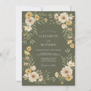 Olivgrünes Goldenes Florales Wasserfarben-Hochzeit Einladung