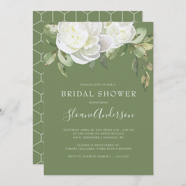 Olivgrünes Grün-Pfingstrosen-Blumen-Brautparty Einladung (Vorne/Hinten)