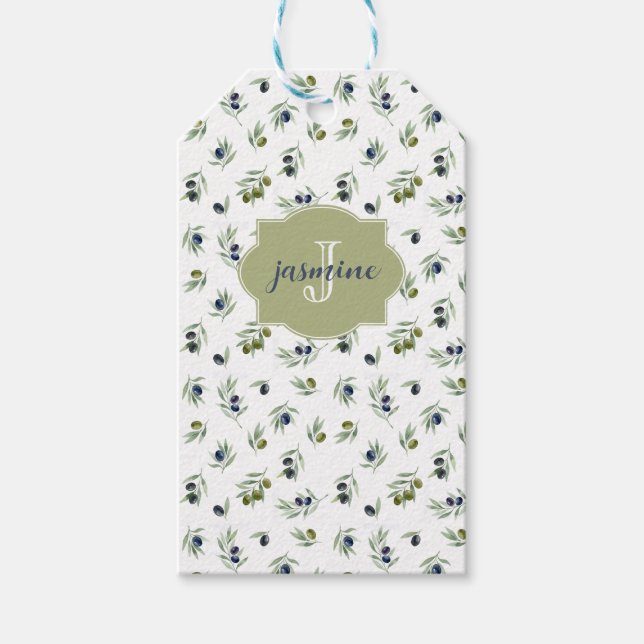 Olivgrünes Monogramm Name Wasserfarbe Chic Muster Geschenkanhänger (Vorderseite)