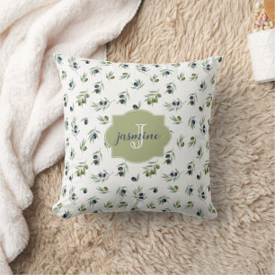 Olivgrünes Monogramm Name Wasserfarbe Chic Muster Kissen
