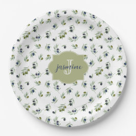 Olivgrünes Monogramm Name Wasserfarbe Chic Muster Pappteller