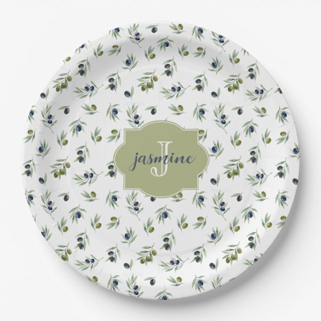 Olivgrünes Monogramm Name Wasserfarbe Chic Muster Pappteller (Vorderseite)