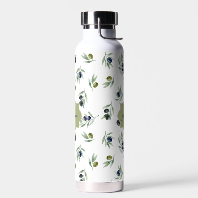 Olivgrünes Monogramm Name Wasserfarbe Chic Muster Trinkflasche (Links)