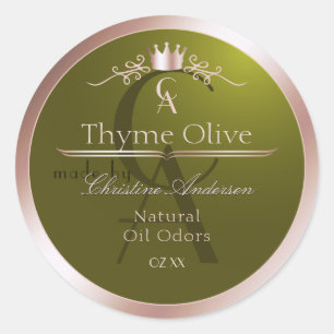Olivgrünes Produktlabel Roségoldrahmen Monogramm Runder Aufkleber
