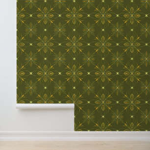 Olivgrünes und goldenes florales geometrisches Mus Tapete
