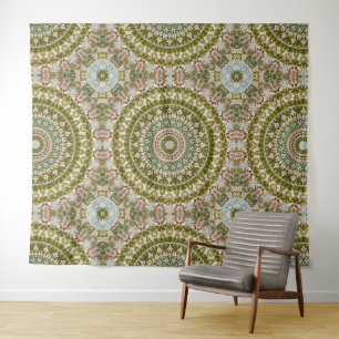 Olivgrünes und Pastell-Mandala-Muster Wandteppich