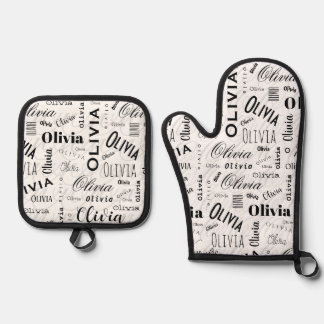 Olivia Benutzerdefinierter Name Schwarz Weiß Ofenhandschuh & Topflappen-Set