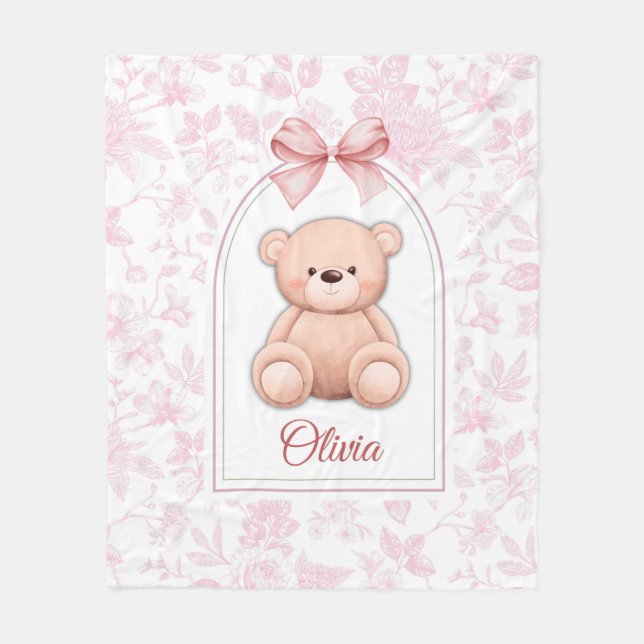 Olivia | Benutzerdefiniertes rosa Teddy-Bär-Kinder Fleecedecke (Vorderseite)