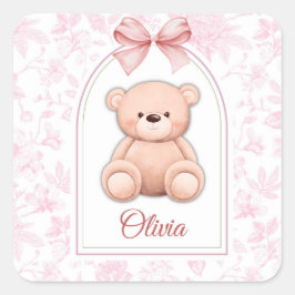 Olivia | Benutzerdefiniertes rosa Teddy-Bär-Kinder Quadratischer Aufkleber