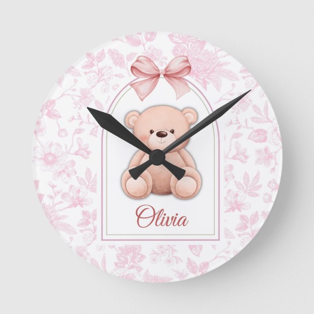 Olivia | Benutzerdefiniertes rosa Teddy-Bär-Kinder Runde Wanduhr (Vorderseite)