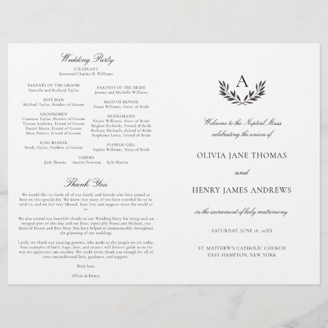Olivia Black & White Katholic Wedding Mass Program (Vorderseite)