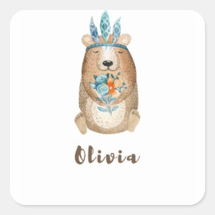 Olivia Boho Bear Quadratischer Aufkleber