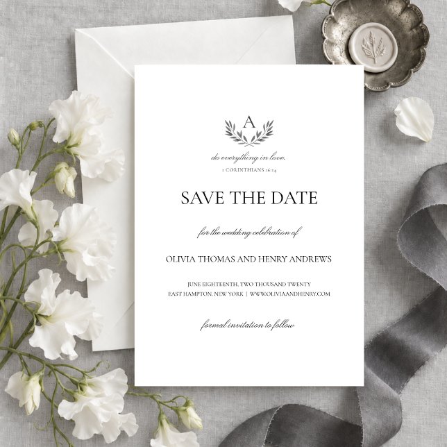 Olivia Christliche Hochzeitsmonogramm Save-the-Dat Save The Date (This elegant save the date card features your monogram and a Bible verse on love.)