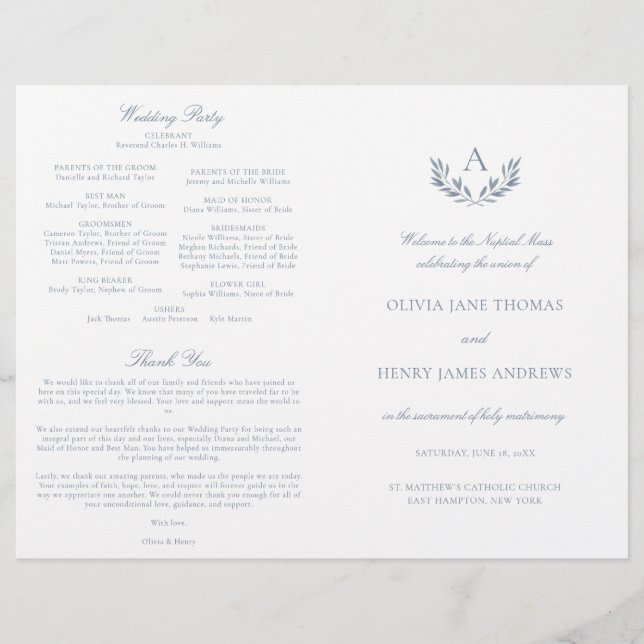 Olivia Dusty Blue Catholic Wedding Mass Program (Vorderseite)