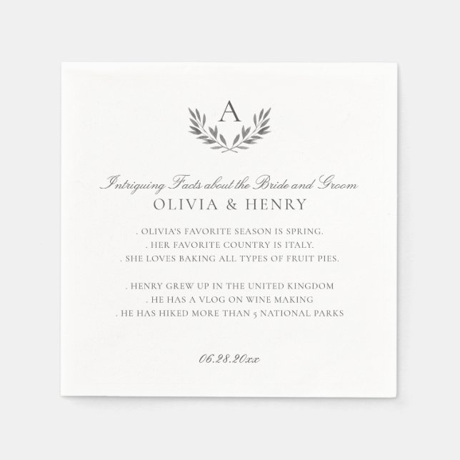 Olivia Elegant Gray Monogram Wedding Fun Fakten Serviette (Vorderseite)