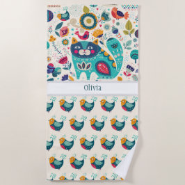 OLIVIA - Girls Name Gift - COZY Folk Art CAT Strandtuch