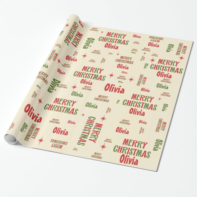 Olivia Merry Christmas Retro Personalisierter Name Geschenkpapier (Ungerollt)