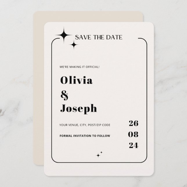 OLIVIA Modern Ivory Celestial Save the Date Card Einladung (Vorne/Hinten)