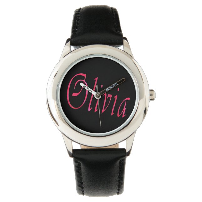 Olivia, Name, Logo, Girls Black Leather Watch. Armbanduhr (Vorderseite)