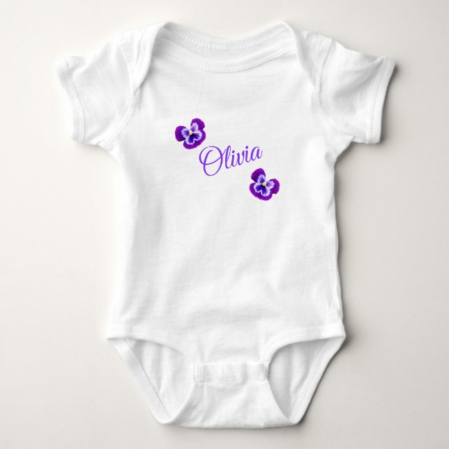 Olivia, Name, mit Lila Stiefmütterchen, Baby Bodys Strampler (Vorderseite)