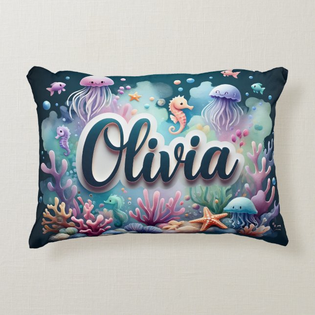 Olivia Name Ocean Thema Dekorative Meeresleben Dekokissen (Vorderseite)