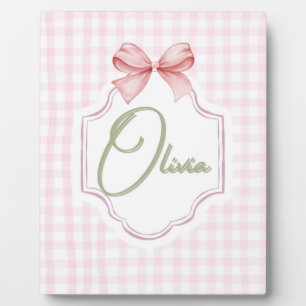 Olivia Personalisiert Pink Bow & Gingham Print Fotoplatte