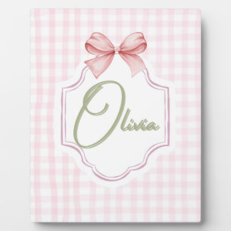 Olivia Personalisiert Pink Bow & Gingham Print Fotoplatte