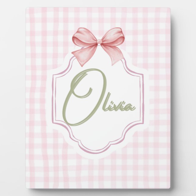 Olivia Personalisiert Pink Bow & Gingham Print Fotoplatte (Vorderseite)
