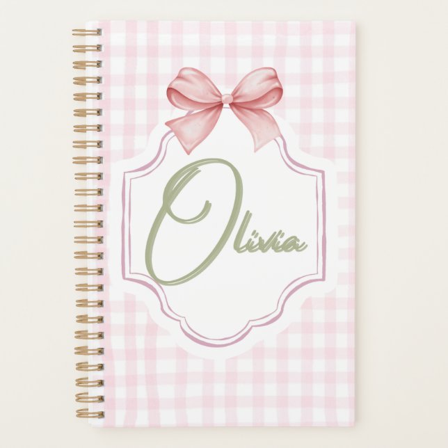 Olivia Personalisiert Pink Bow & Gingham Print Planer (Vorderseite)
